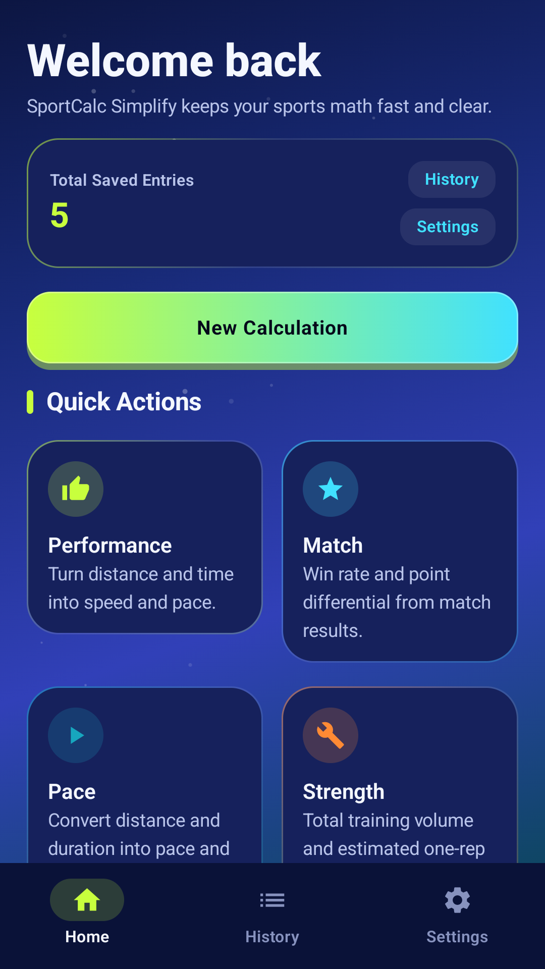 SportCalc Simplify dashboard screen