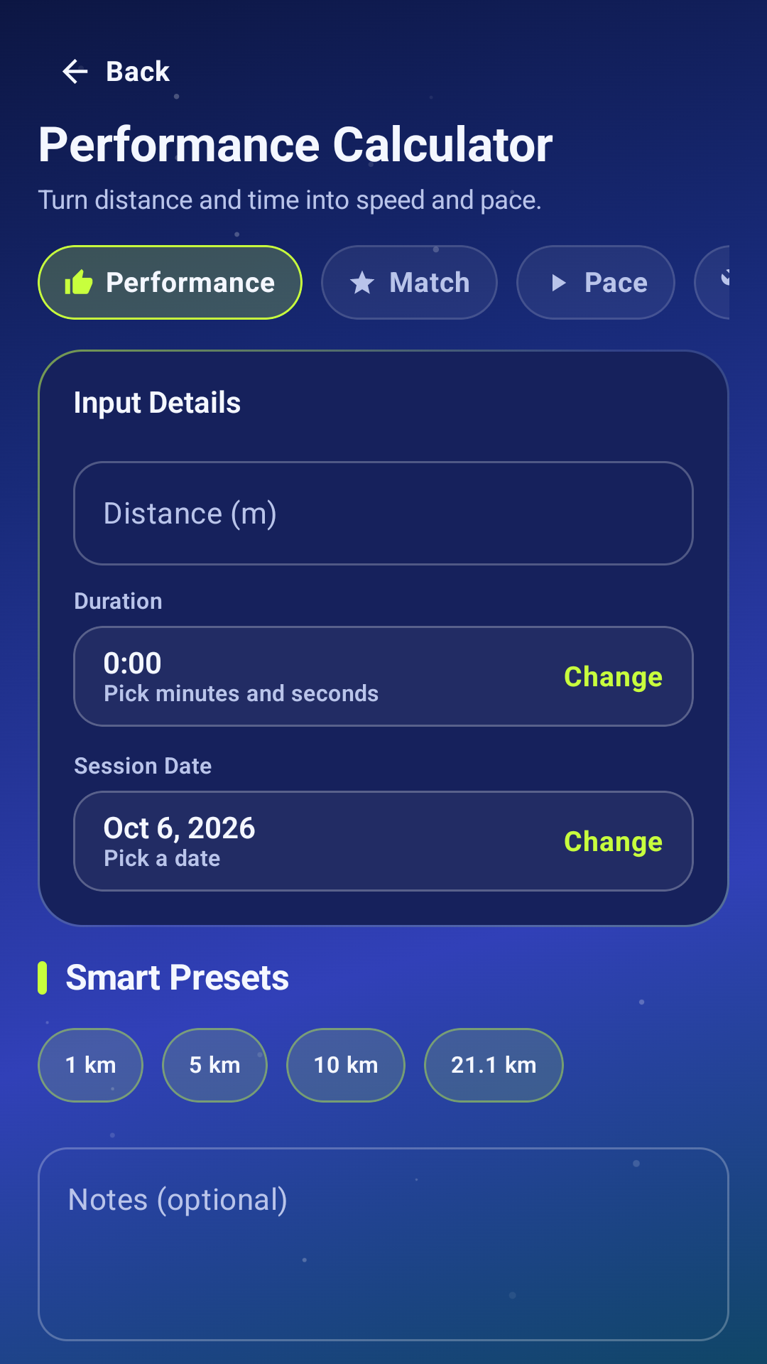 SportCalc Simplify performance screen